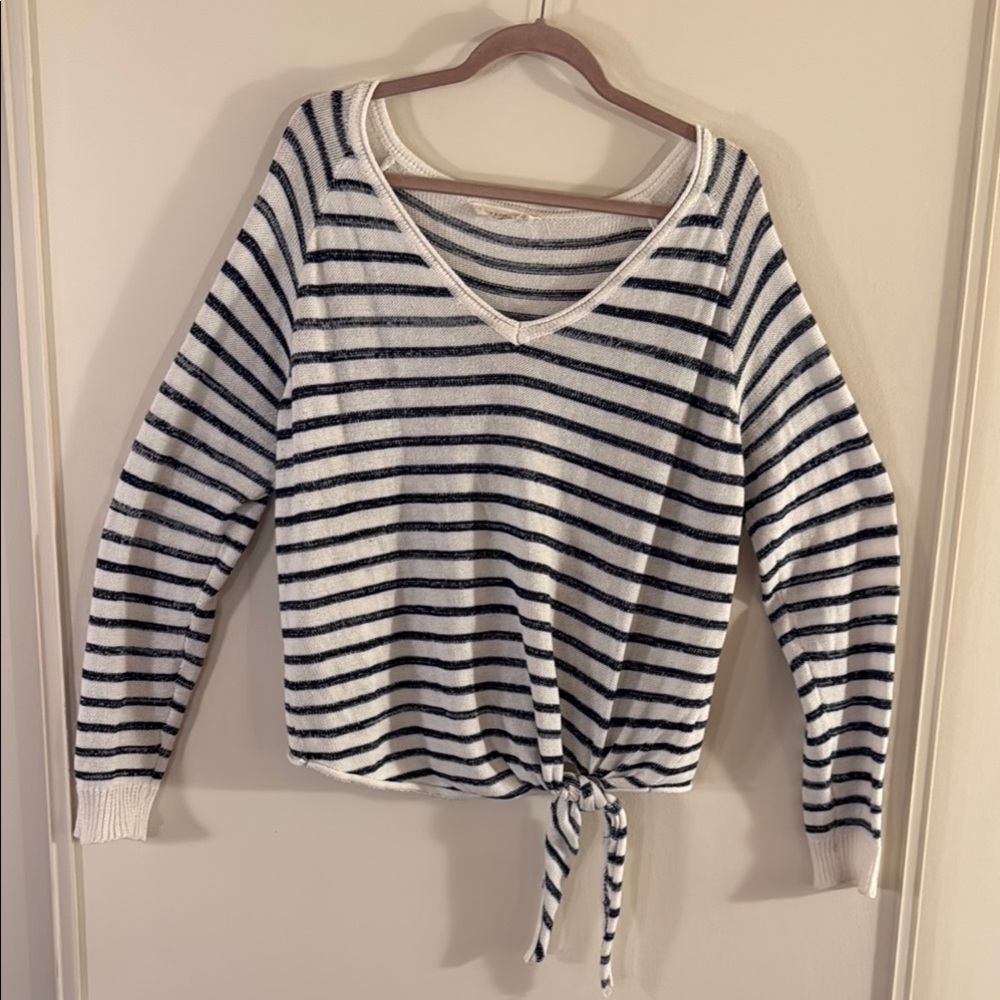 Striped V-Neck Sweater with Tie Hem
